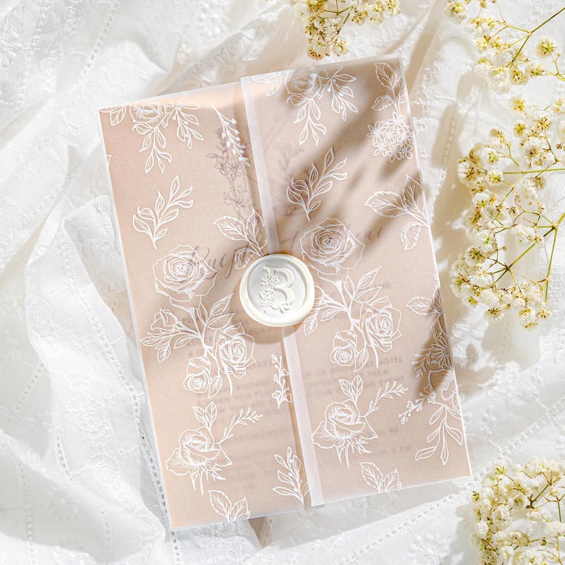 AZAZA 50 Pack Pre-Folded Vellum Jackets for 5x7 Invitations, Translucent Invitation Sleeves,115GSM Vellum Jackets 5x7, Wedding Invitation Accessories,for Weddings Birthdays,Botanical Flower Pattern - Image 1